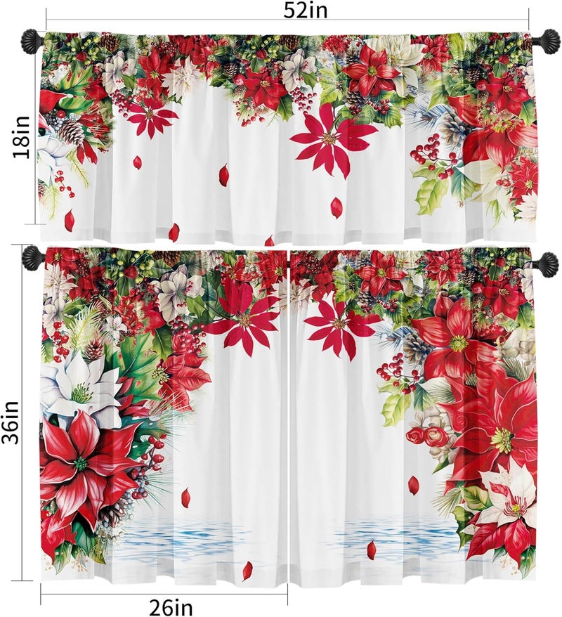 SUNWISHA Christmas Poinsettia Curtain Valances 3 Piece Set Upper Curtain 52'' Lx18'' W & Lower Curtain 36'' L X 26'' W X2 Kitchen Windows Decor Red - Image 2